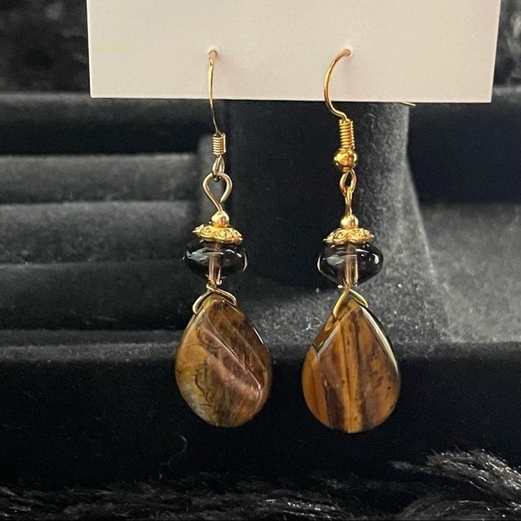 Tigers Eye With Crystal Dangle Retro Earrings - Picture 2 of 4